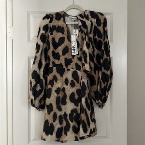 GANNI Leopard-print linen and silk-blend voile mini wrap dress Size:38 US 6 NWT